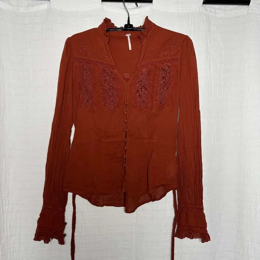 Free People Women's Orange and Brown Top